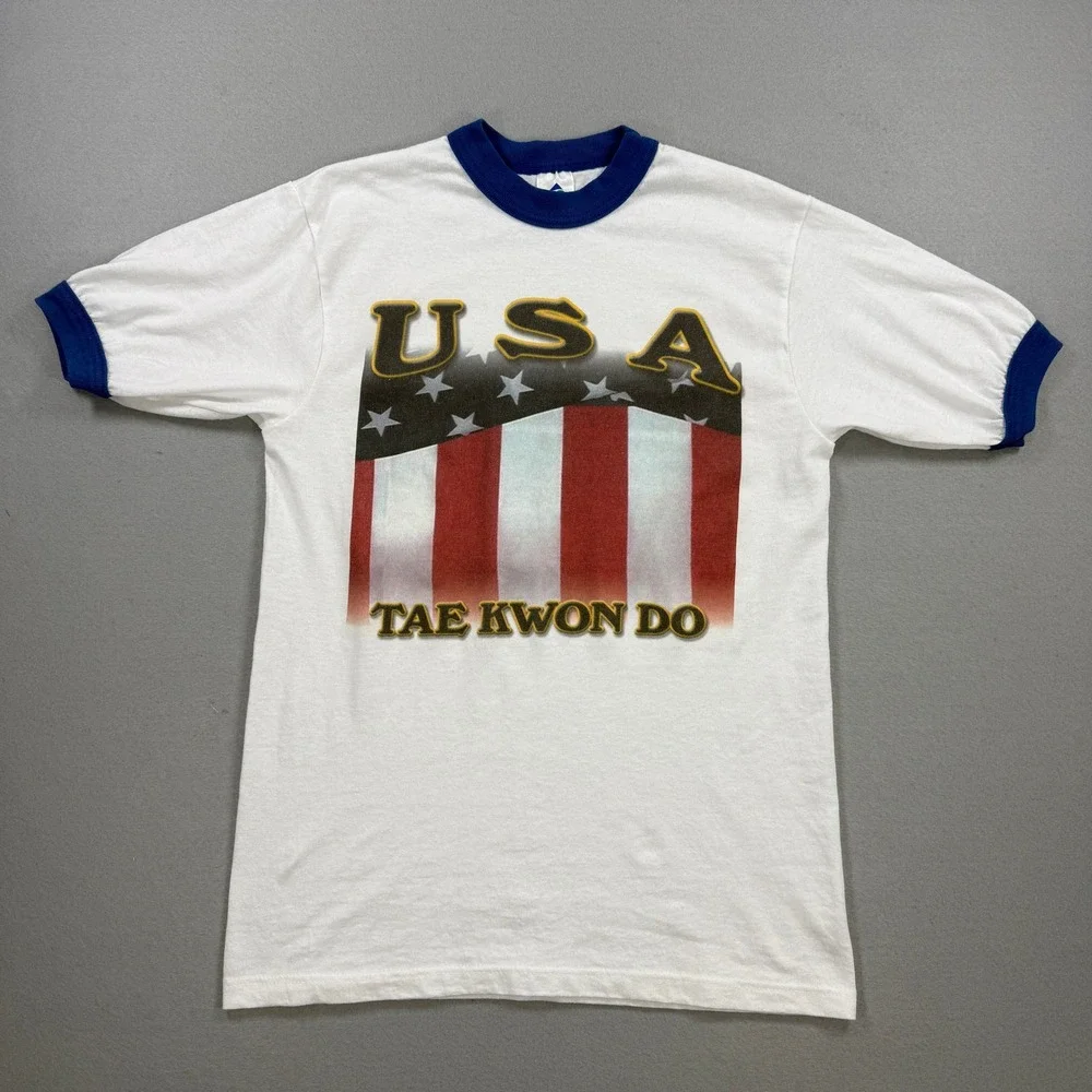 USA Tae Kwon Do‎ Ringer T-Shirt Unisex Adult S White Graphic Vintage 90s